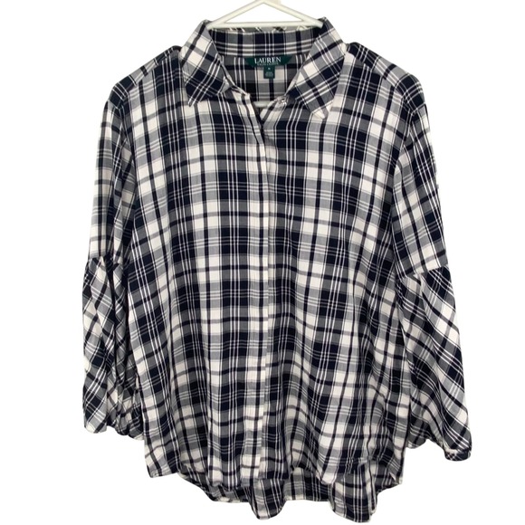 Lauren Ralph Lauren Tops - Lauren Ralph Lauren Plaid Blouse Womens SZ M‎ Bell Sleeve Black White Preppy